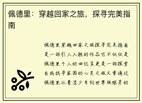 佩德里：穿越回家之旅，探寻完美指南