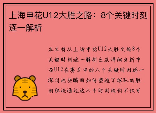 上海申花U12大胜之路：8个关键时刻逐一解析
